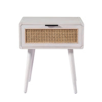 Camy Side End Table, Natural Brown Cane Woven Drawer, White 22 Inch -BM324181