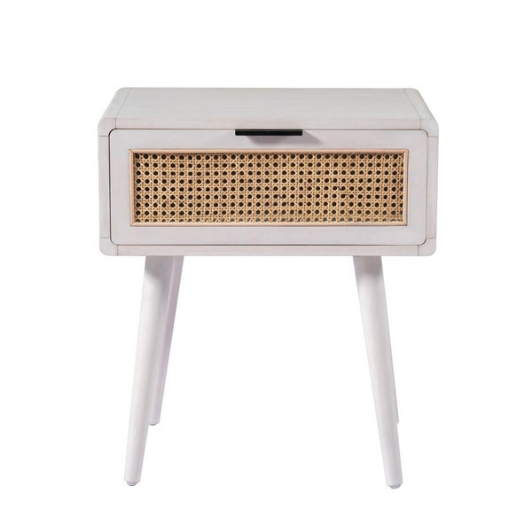 Camy Side End Table, Natural Brown Cane Woven Drawer, White 22 Inch -BM324181