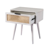 Camy Side End Table, Natural Brown Cane Woven Drawer, White 22 Inch -BM324181