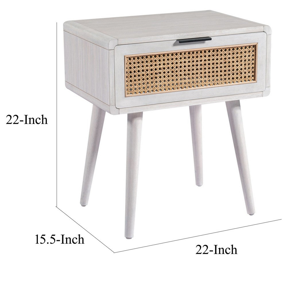 Camy Side End Table, Natural Brown Cane Woven Drawer, White 22 Inch -BM324181