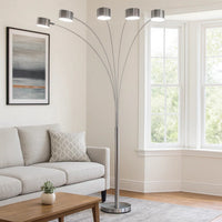 5 Arm Arched Floor Lamp, 84 Inch Chrome Metal Sleek Stem, Round Base -BM324185