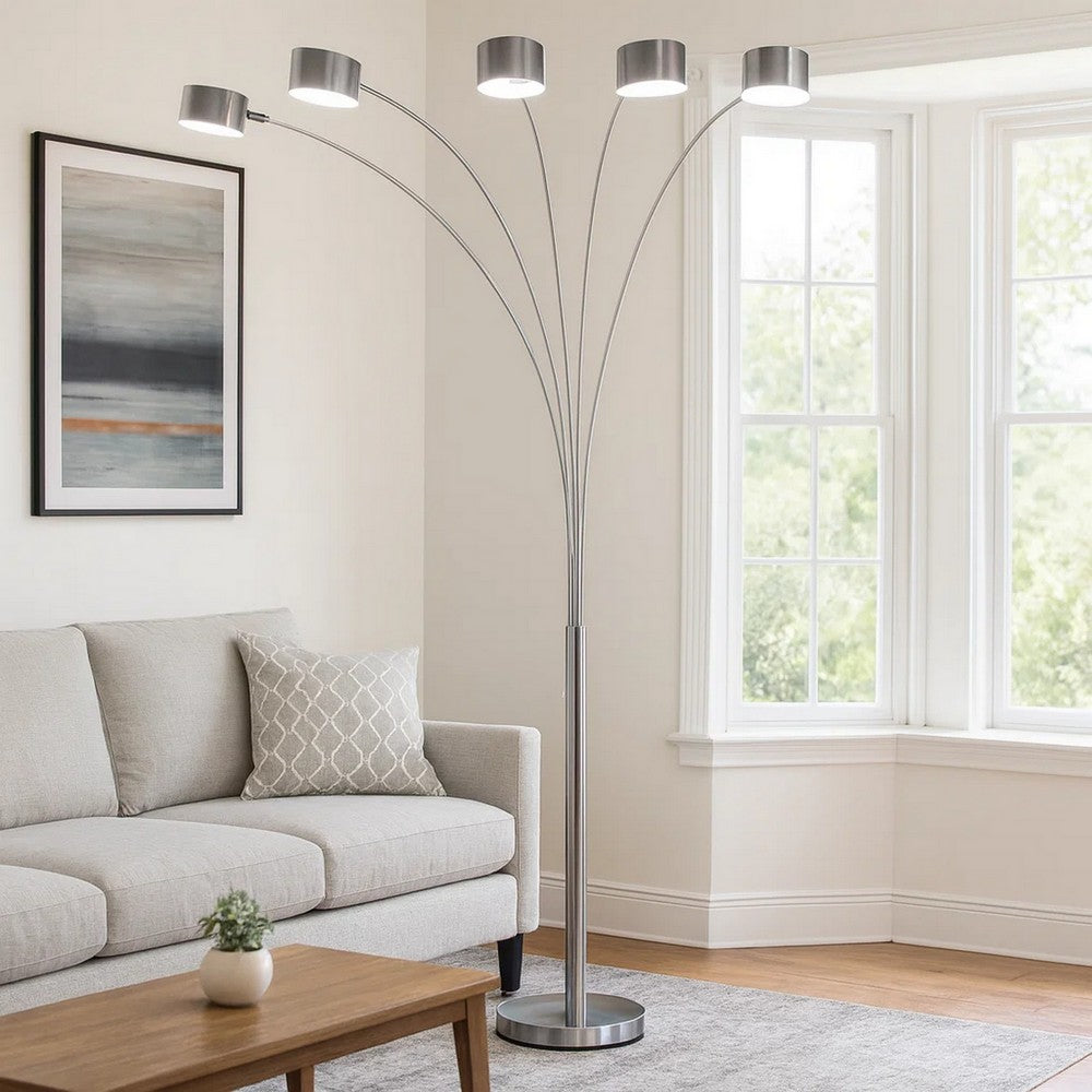 5 Arm Arched Floor Lamp, 84 Inch Chrome Metal Sleek Stem, Round Base -BM324185