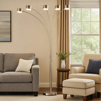 5 Arm Arched Floor Lamp, 84 Inch Chrome Metal Sleek Stem, Round Base -BM324185