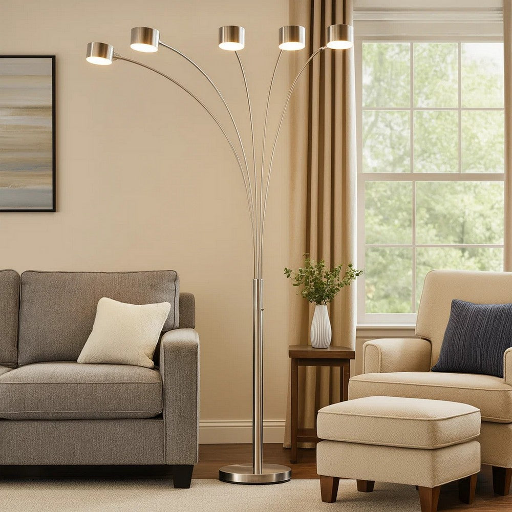 5 Arm Arched Floor Lamp, 84 Inch Chrome Metal Sleek Stem, Round Base -BM324185