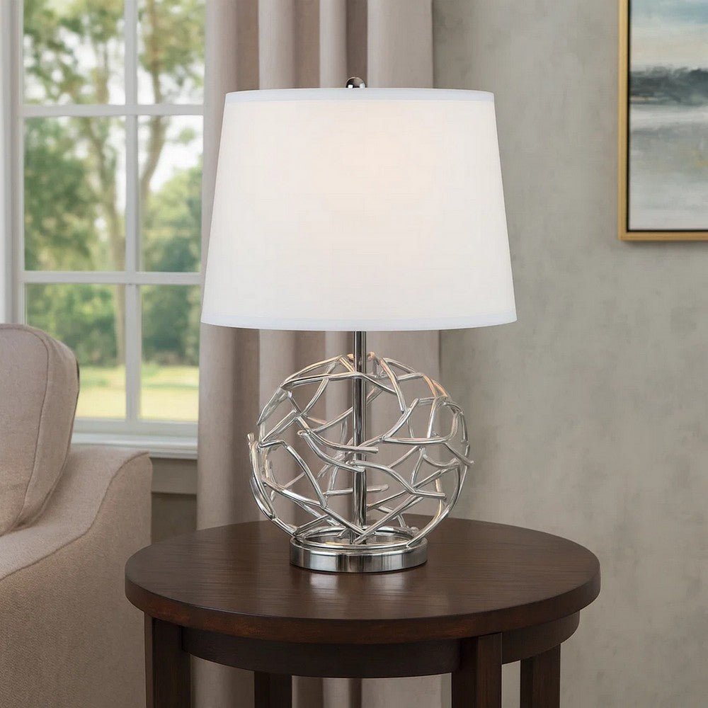 24 Inch Table Lamp, Silver Hollow Geometric Globe Base, Empire Shade -BM324187