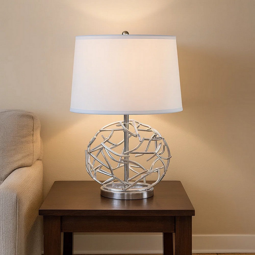 24 Inch Table Lamp, Silver Hollow Geometric Globe Base, Empire Shade -BM324187