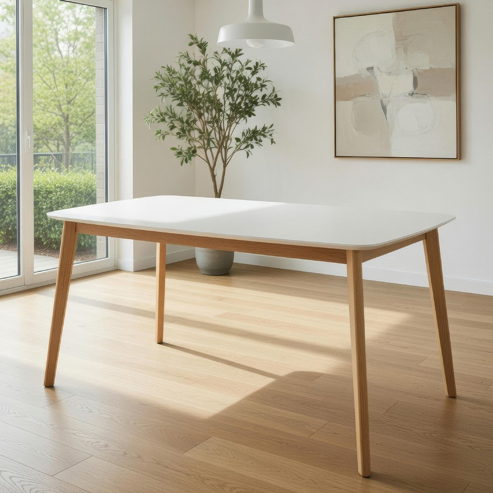 Dining Table, 59 Inch Rectangular Faux Wood White, Brown Splayed Legs - BM324193