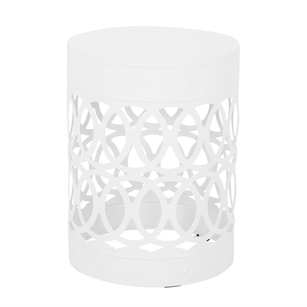 Feio Outdoor Side End Table 14 Inch Round Geometric Pattern White Iron - BM324211