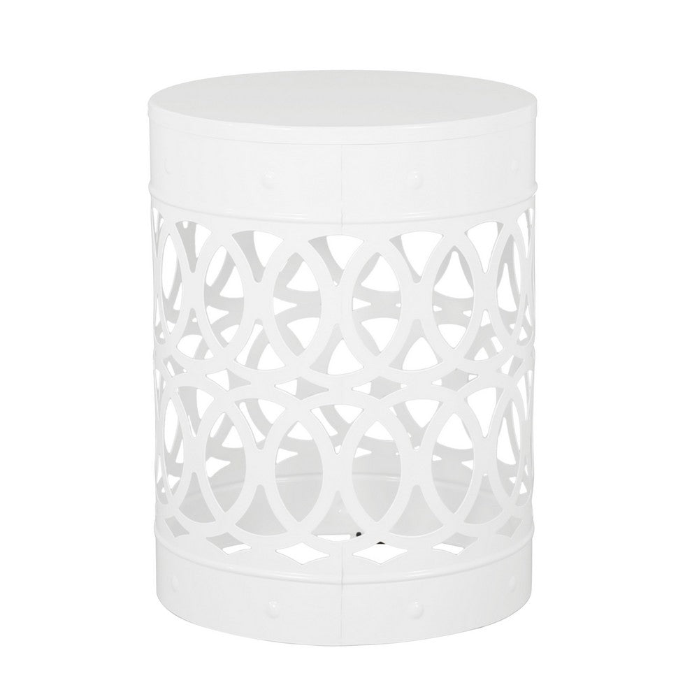 Feio Outdoor Side End Table 14 Inch Round Geometric Pattern White Iron - BM324211