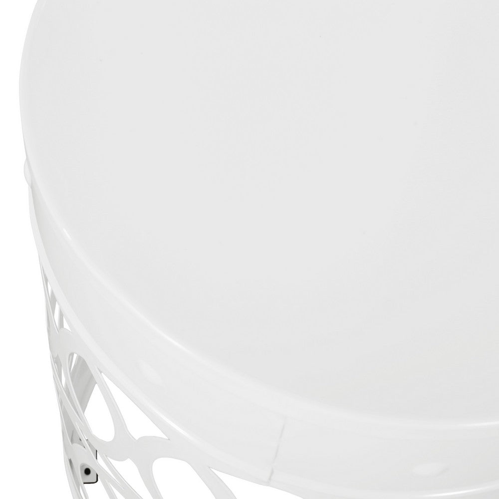 Feio Outdoor Side End Table 14 Inch Round Geometric Pattern White Iron - BM324211