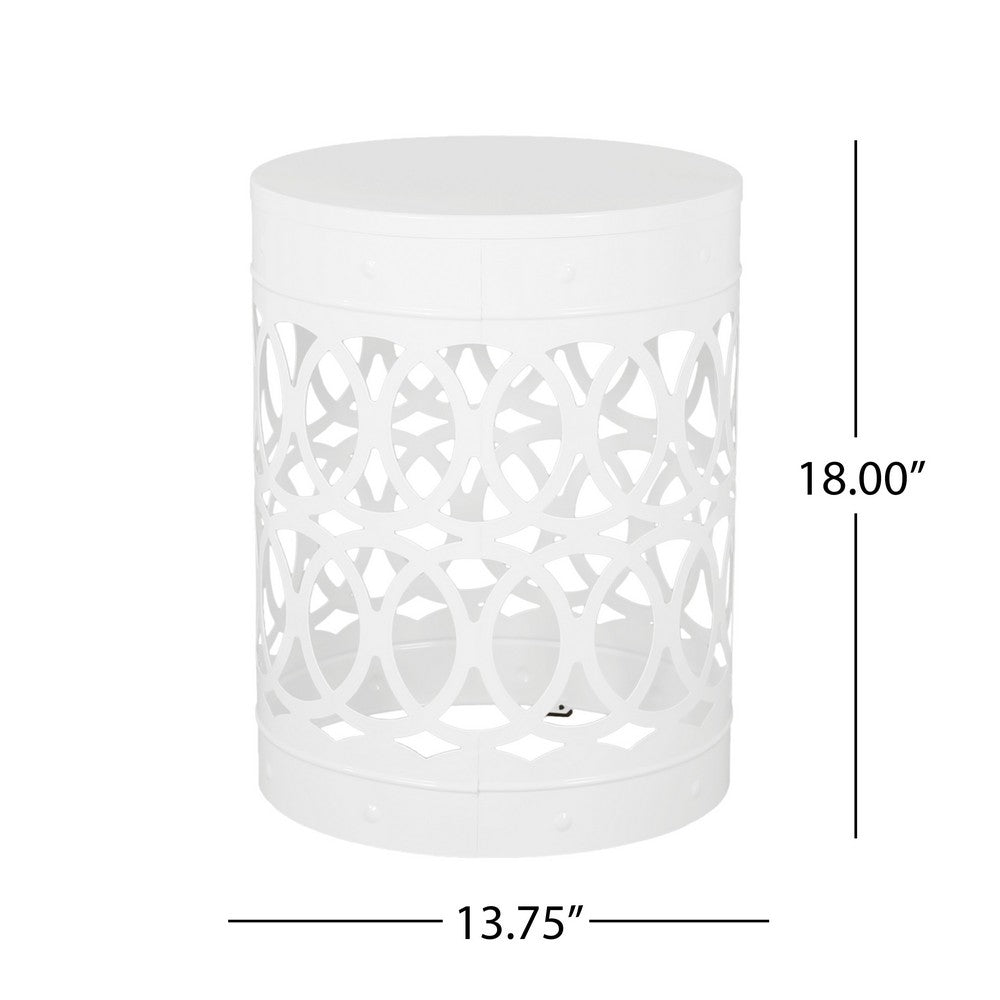 Feio Outdoor Side End Table 14 Inch Round Geometric Pattern White Iron - BM324211
