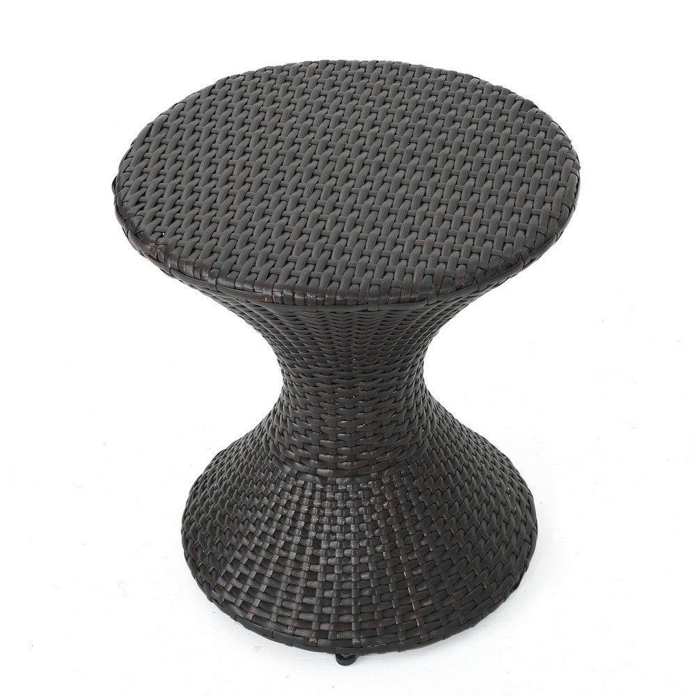 Deno Patio Side End Table, 16 Inch Iron, Hourglass Shape, Brown Wicker - BM324212