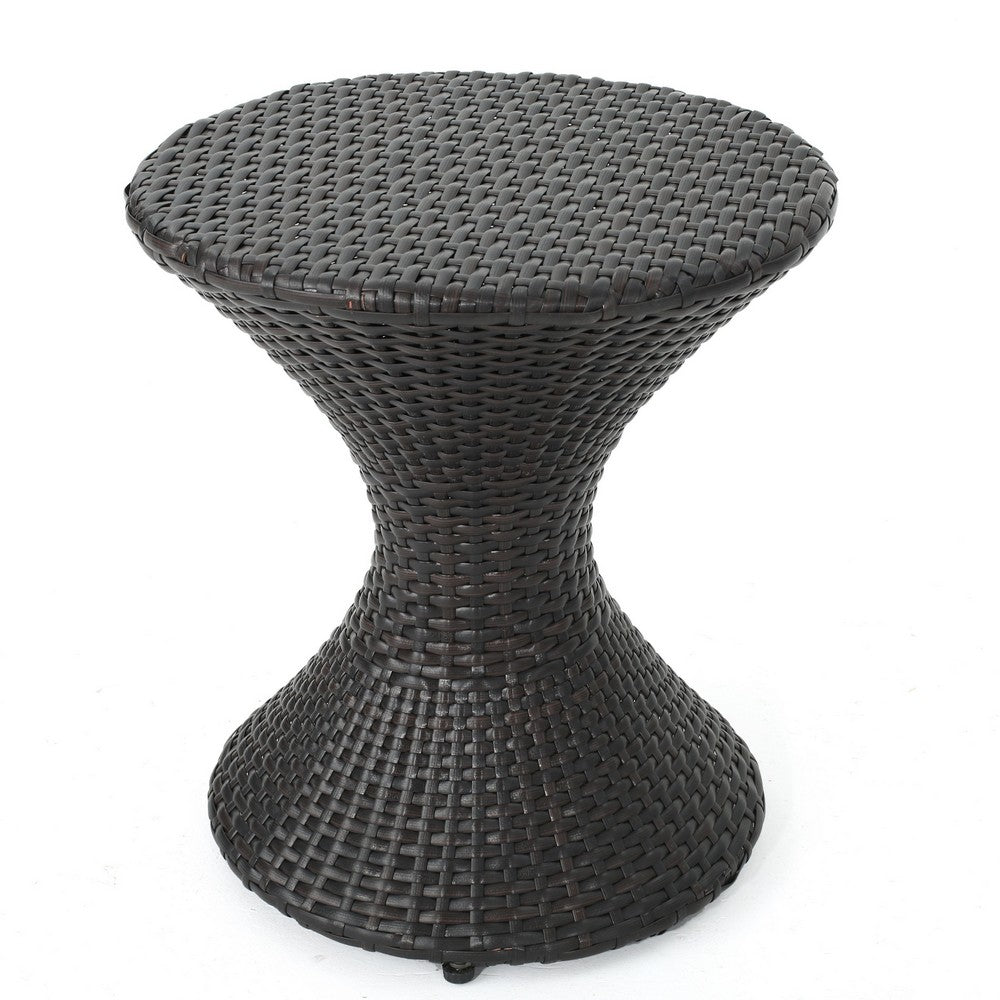 Deno Patio Side End Table, 16 Inch Iron, Hourglass Shape, Brown Wicker - BM324212