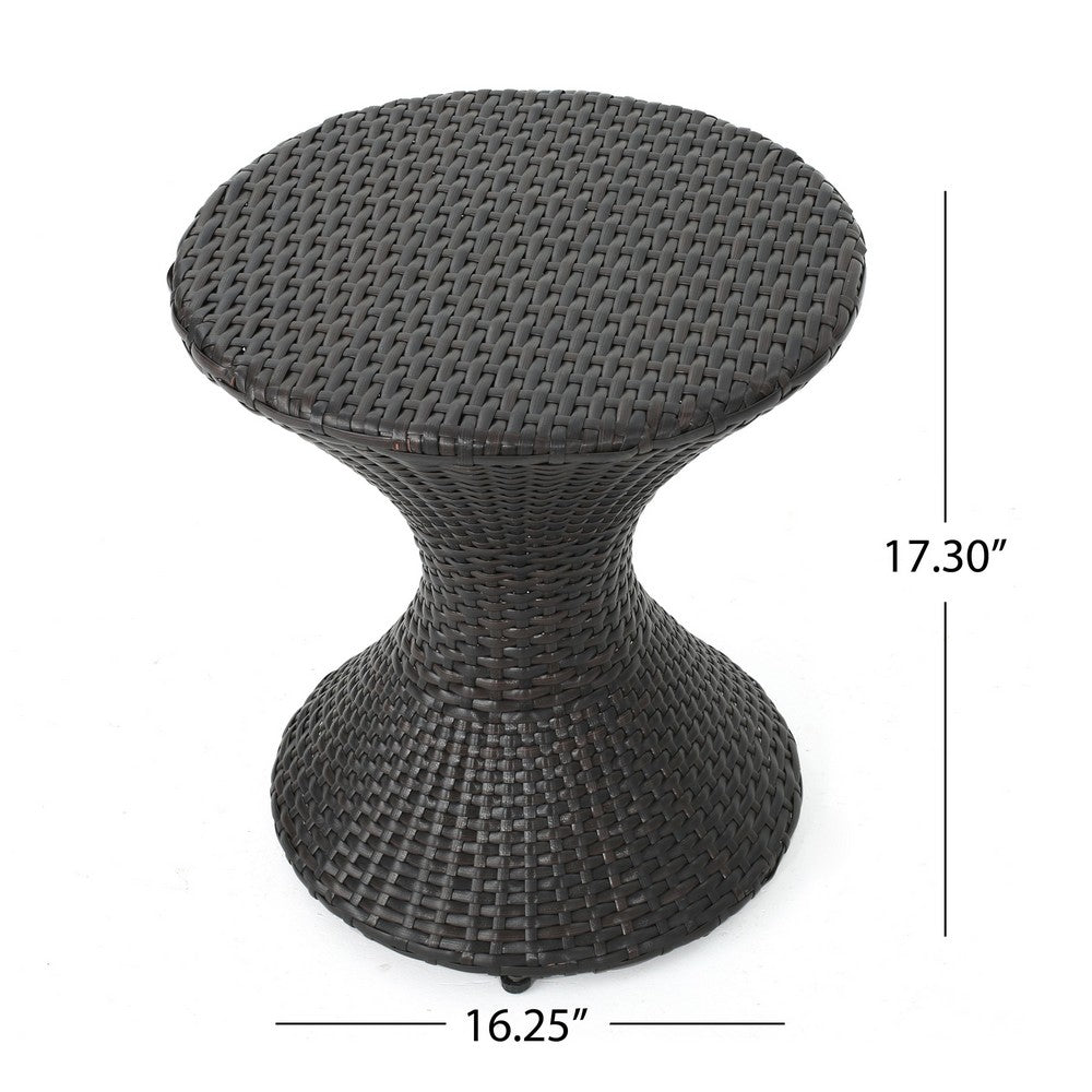 Deno Patio Side End Table, 16 Inch Iron, Hourglass Shape, Brown Wicker - BM324212