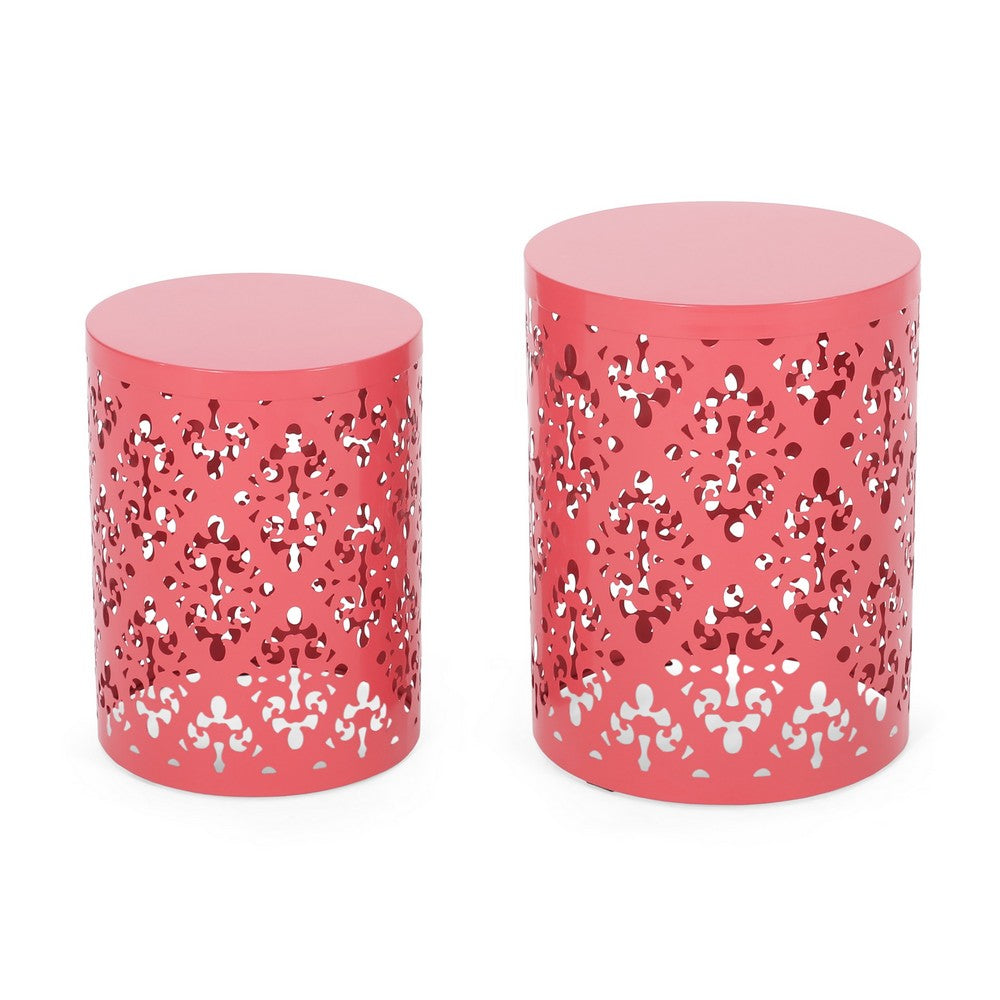 Demi Outdoor Side End Table Set of 2, Floral Cut Design Coral Red Iron - BM324214