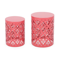 Demi Outdoor Side End Table Set of 2, Floral Cut Design Coral Red Iron - BM324214