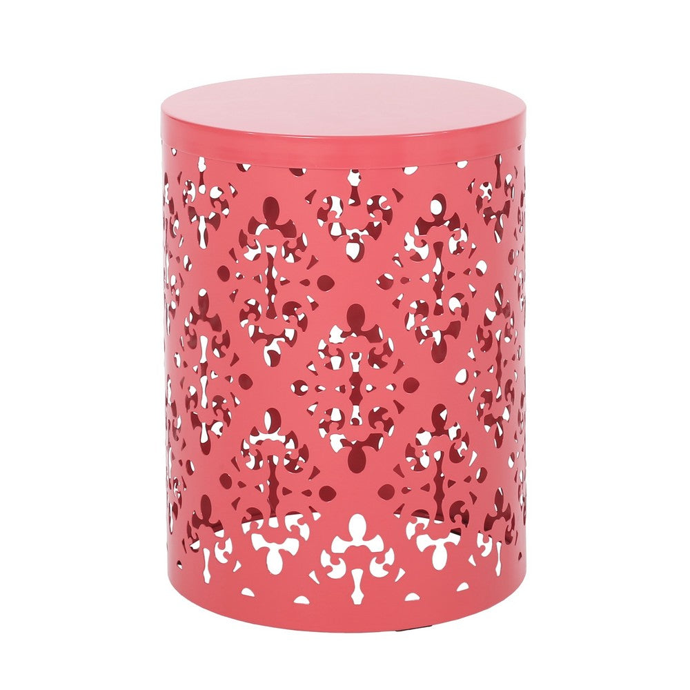 Demi Outdoor Side End Table Set of 2, Floral Cut Design Coral Red Iron - BM324214