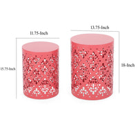 Demi Outdoor Side End Table Set of 2, Floral Cut Design Coral Red Iron - BM324214