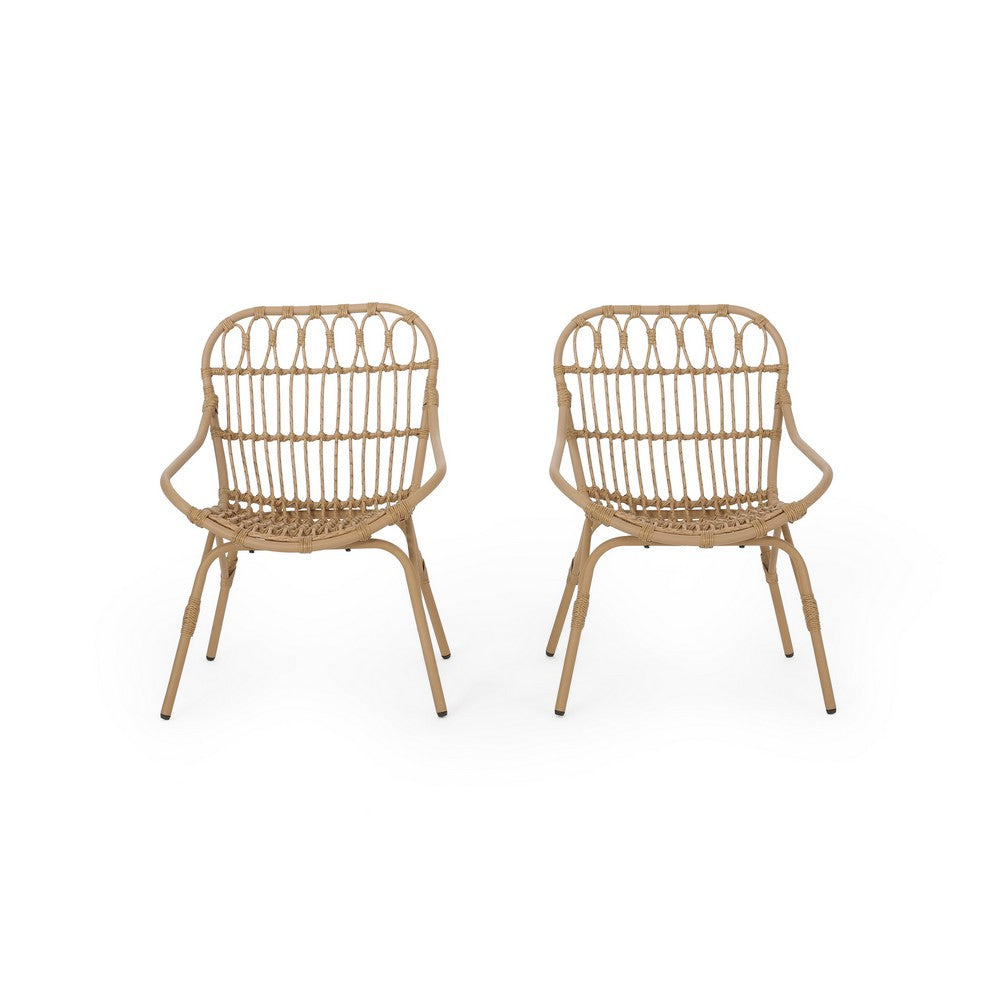 Hexy Outdoor Accent Chair Set of 2, Boho Style Faux Rattan Woven Brown - BM324220