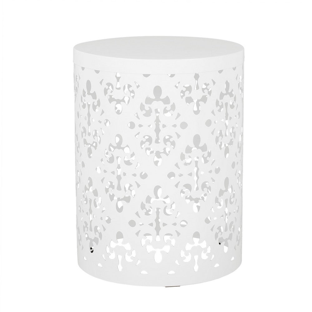 Kima Outdoor Side End Table, 14 Inch Round Floral Cutout Design, White - BM324221