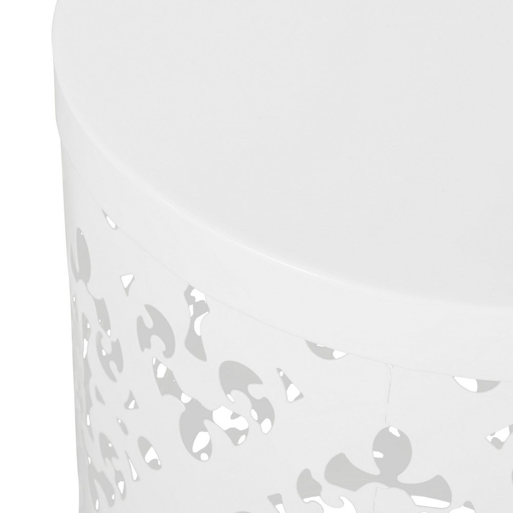 Kima Outdoor Side End Table, 14 Inch Round Floral Cutout Design, White - BM324221