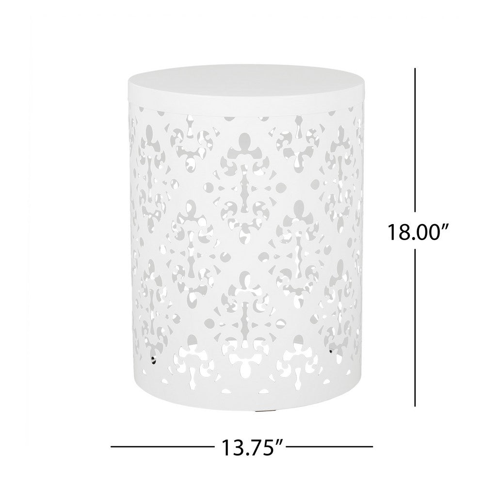 Kima Outdoor Side End Table, 14 Inch Round Floral Cutout Design, White - BM324221