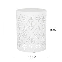 Kima Outdoor Side End Table, 14 Inch Round Floral Cutout Design, White - BM324221