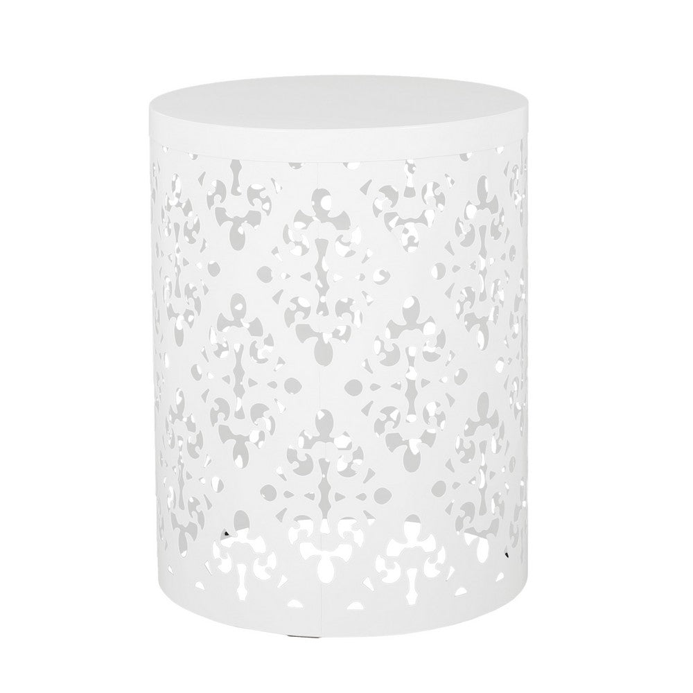 Kima Outdoor Side End Table, 14 Inch Round Floral Cutout Design, White - BM324221