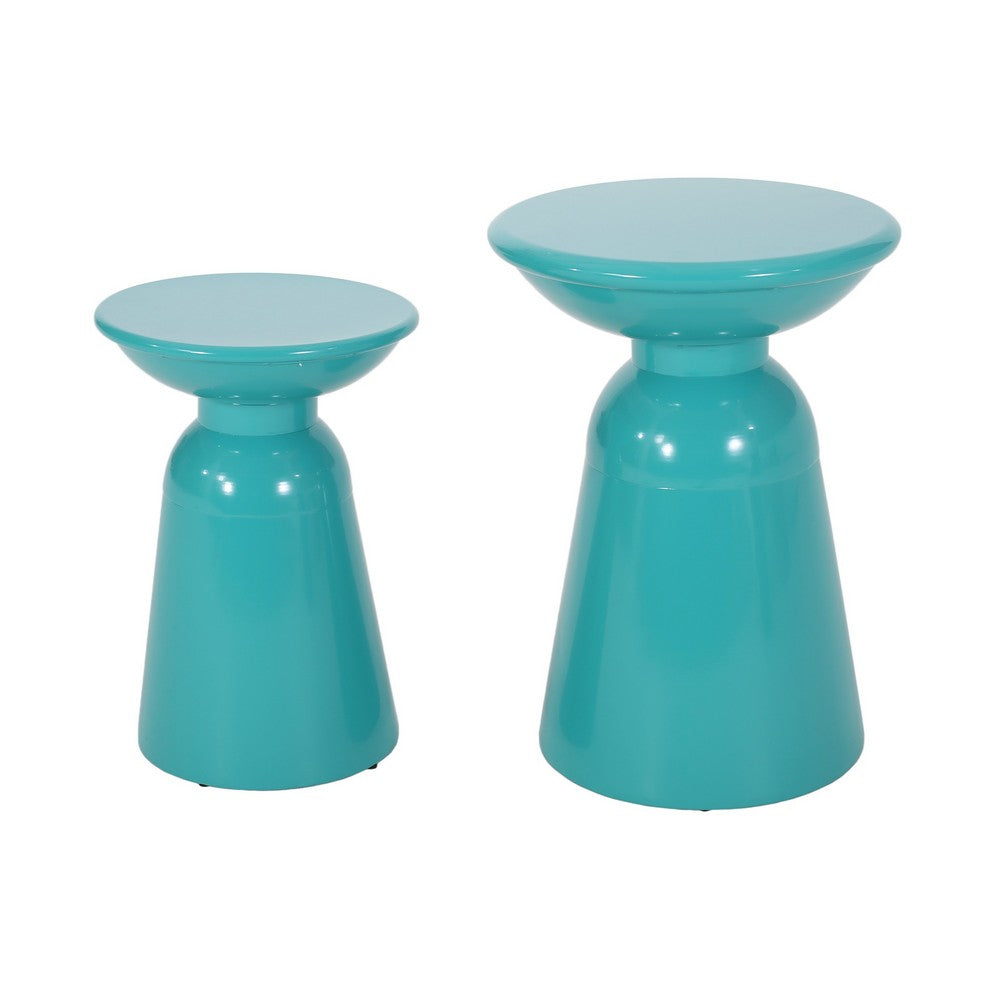 Mio Patio Side End Table Set of 2, Teal Blue Iron Flared Pedestal Base - BM324226