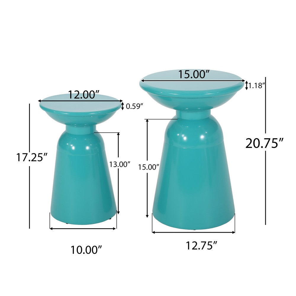 Mio Patio Side End Table Set of 2, Teal Blue Iron Flared Pedestal Base - BM324226