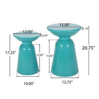 Mio Patio Side End Table Set of 2, Teal Blue Iron Flared Pedestal Base - BM324226