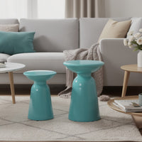 Mio Patio Side End Table Set of 2, Teal Blue Iron Flared Pedestal Base - BM324226