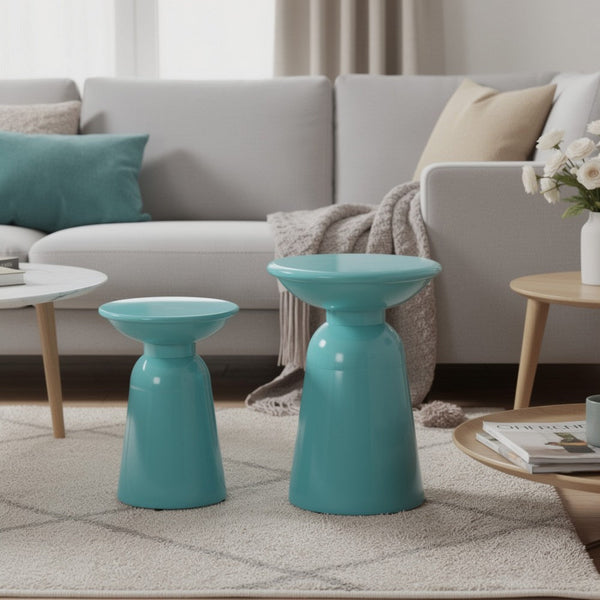 Mio Patio Side End Table Set of 2, Teal Blue Iron Flared Pedestal Base - BM324226