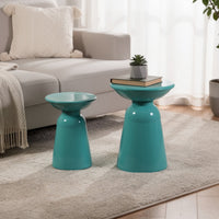 Mio Patio Side End Table Set of 2, Teal Blue Iron Flared Pedestal Base - BM324226