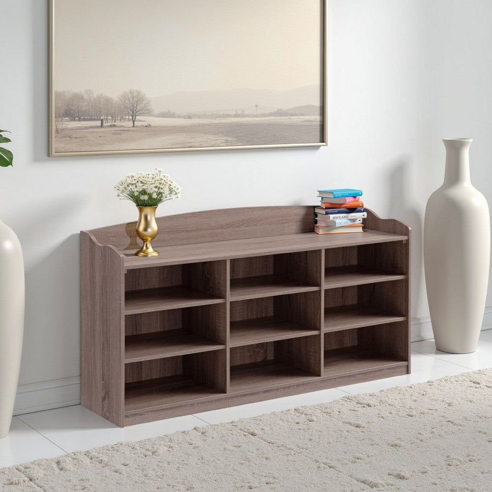 Hale Shoe Bench, 48 Inch Top, 9 Open Compartments, Taupe Brown Finish -BM324288