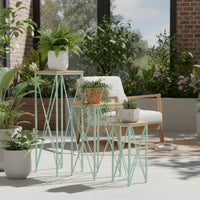 Mito 3pc Nesting Plant Stand Table, Brown Wood, X Cross Green Metal -BM324304