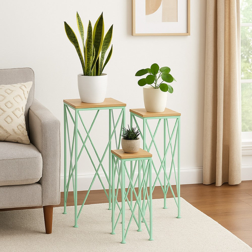 Mito 3pc Nesting Plant Stand Table, Brown Wood, X Cross Green Metal -BM324304