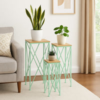 Mito 3pc Nesting Plant Stand Table, Brown Wood, X Cross Green Metal -BM324304