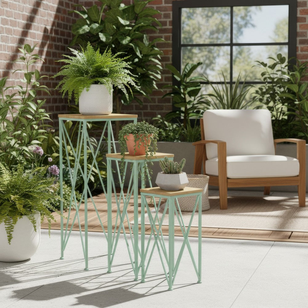 Mito 3pc Nesting Plant Stand Table, Brown Wood, X Cross Green Metal -BM324304