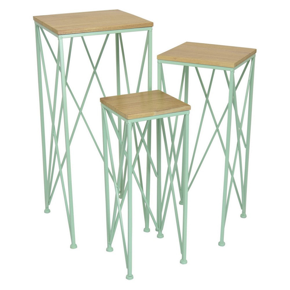 Mito 3pc Nesting Plant Stand Table, Brown Wood, X Cross Green Metal -BM324304