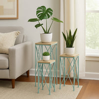 Mito 3pc Nesting Plant Stand Table, Brown Wood Top, X Cross Blue Metal -BM324305