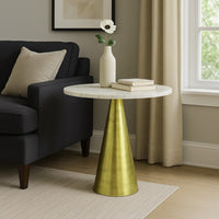 Modern Plant Stand Table, 18 Inch Round White Marble, Gold Metal Base -BM324308