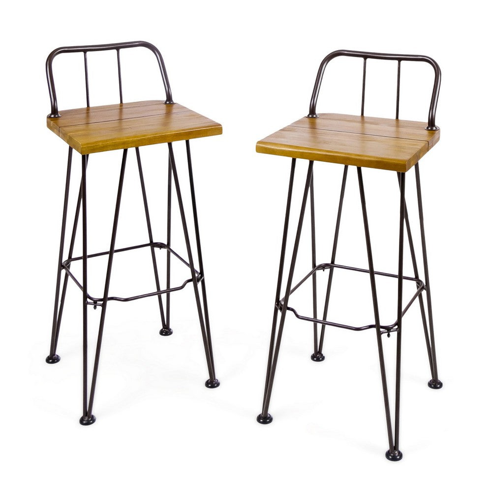 Rih Barstool Low Back Chair Set of 2, Black Metal, Brown Acacia Wood - BM324321