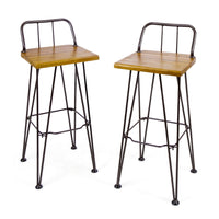 Rih Barstool Low Back Chair Set of 2, Black Metal, Brown Acacia Wood - BM324321
