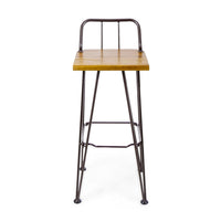 Rih Barstool Low Back Chair Set of 2, Black Metal, Brown Acacia Wood - BM324321