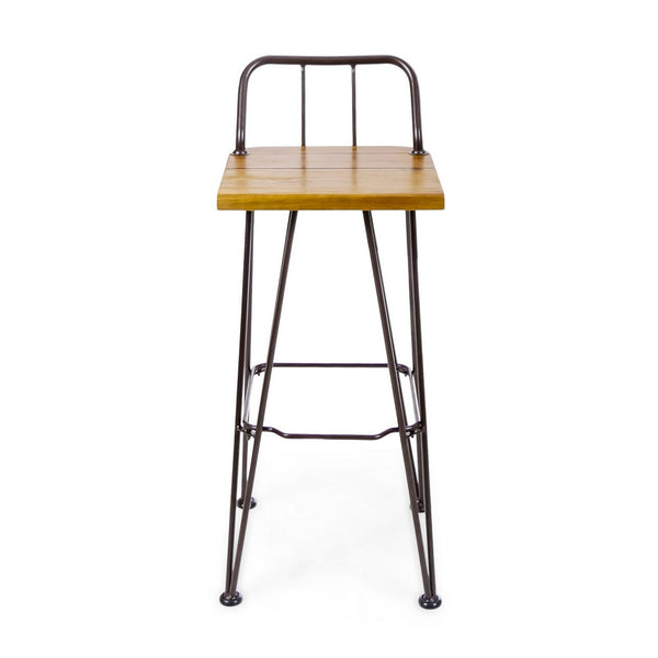 Rih Barstool Low Back Chair Set of 2, Black Metal, Brown Acacia Wood - BM324321