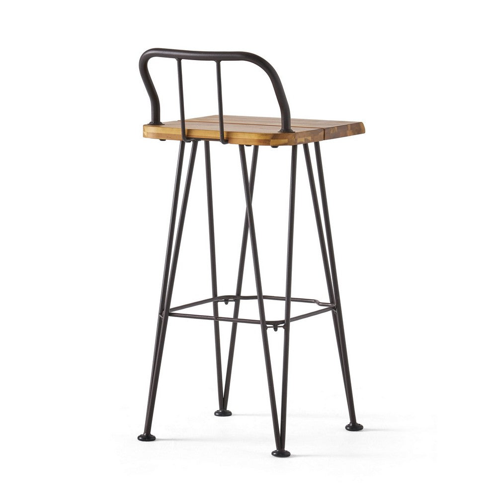 Rih Barstool Low Back Chair Set of 2, Black Metal, Brown Acacia Wood - BM324321