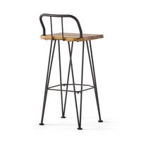 Rih Barstool Low Back Chair Set of 2, Black Metal, Brown Acacia Wood - BM324321