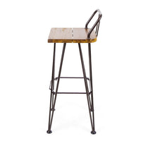Rih Barstool Low Back Chair Set of 2, Black Metal, Brown Acacia Wood - BM324321