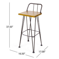 Rih Barstool Low Back Chair Set of 2, Black Metal, Brown Acacia Wood - BM324321